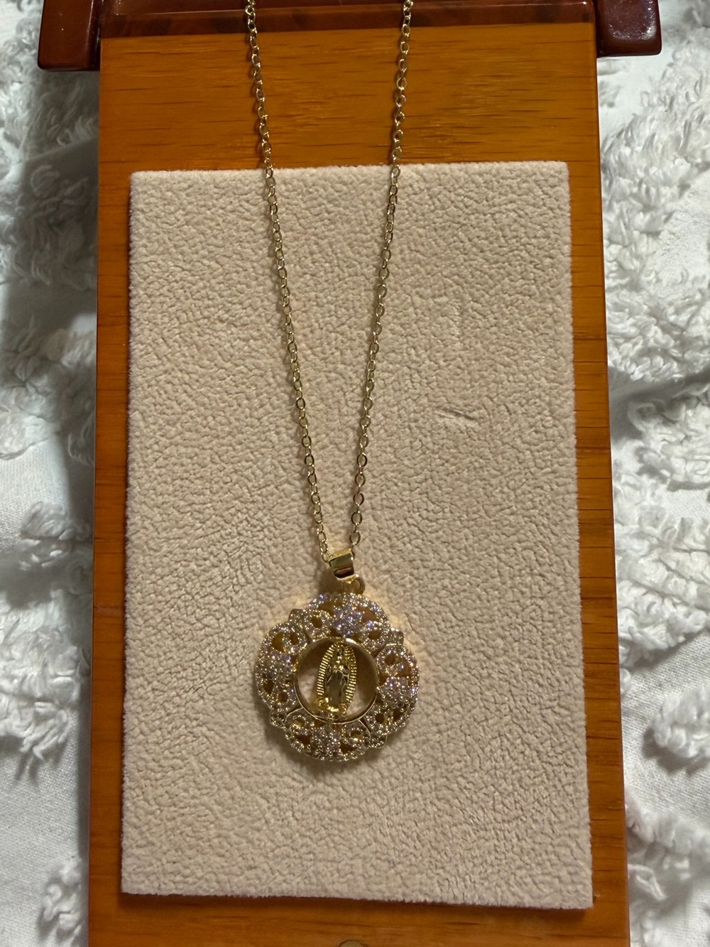 Gold Plated Virgin Mary Crystal Pendant Necklace - Elegant Women's Jewelry